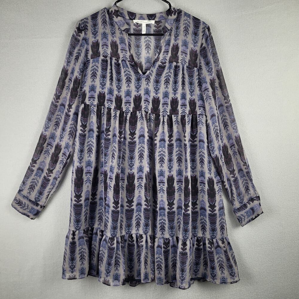 BCBGeneration Women's S Long Sleeve Tiered Peasant Dress Blue Feather Print Boho